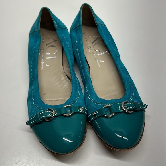 Agl Shoes - AGL Ballet Flats Shoes Cap Top Buckle Suede Leather Aqua Blue Green Size 38 US 8
